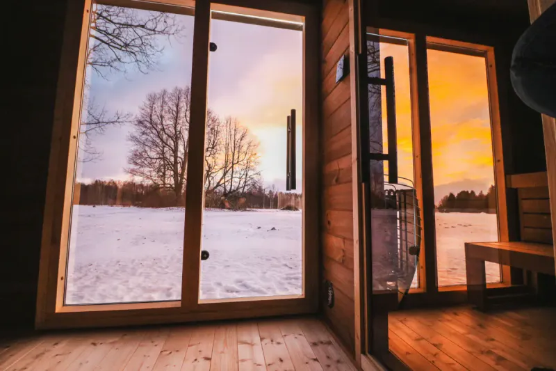 Badstuhytte Patio L i thermowood, med omkledningsrom